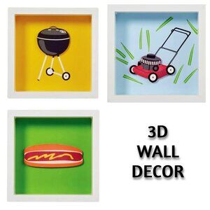 3 Destination Holiday Wood Frames Wall Decor 3D Lawn Mower Grill Hot Dog 5 x 5”
